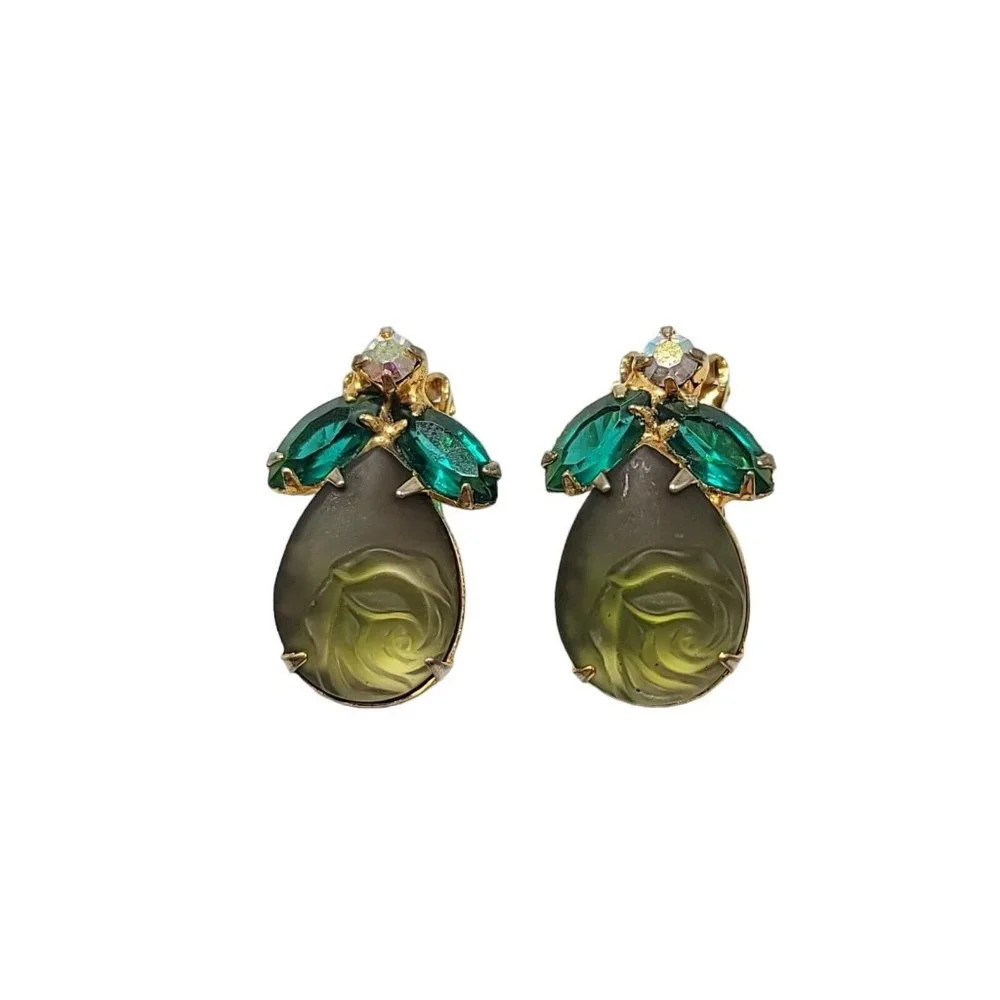 Green Molded Glass Flower Rhinestone Gold Tone Juliana Open Back Earrings
